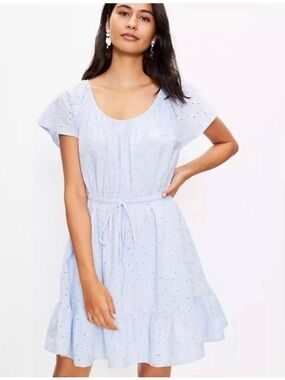 Light Blue Eyelet Tie-Waist Summer Dress